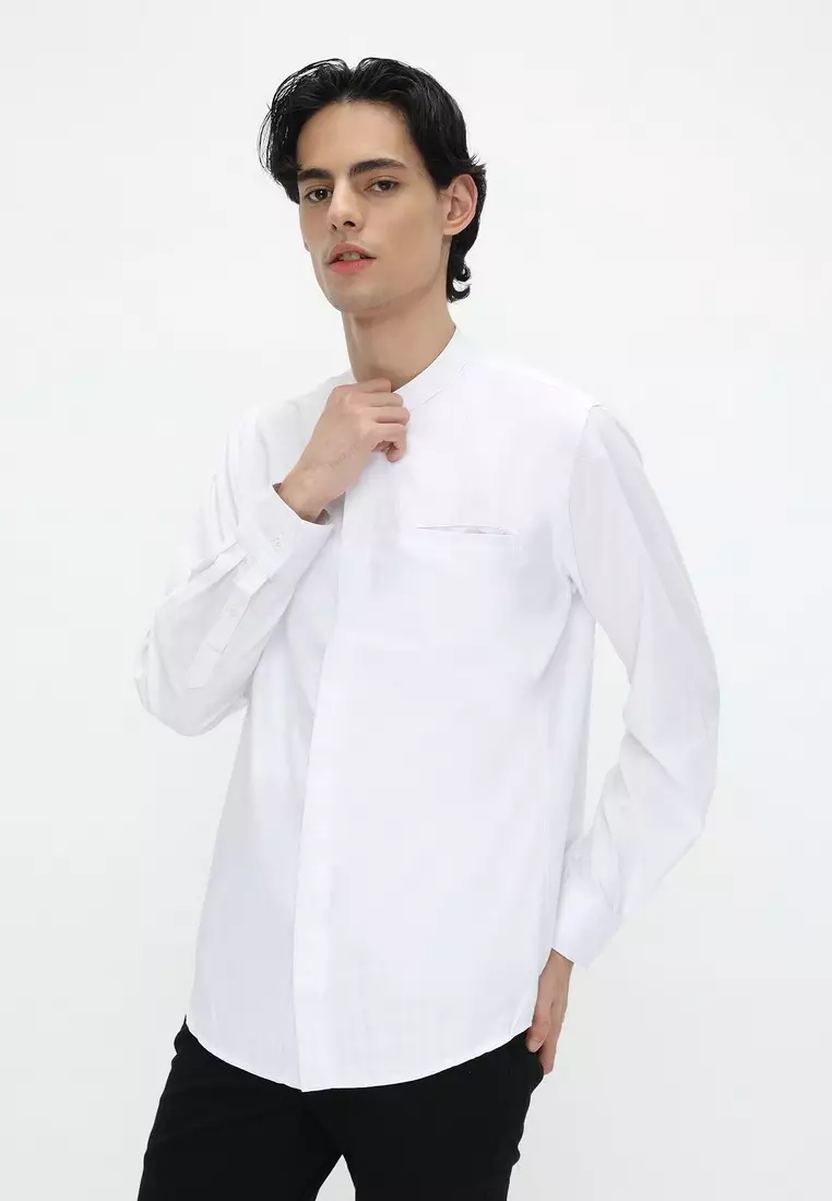 POLICE Kemeja Koko Polos Putih Regular Fit Lengan Panjang Pria