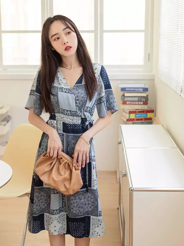 Printed waist tie long tunic dress [EA3353]