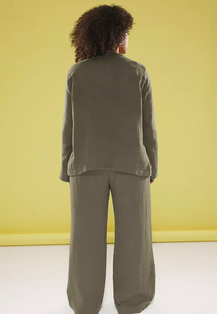 Khaki Bowknot Muslin 100% Cotton Woven Plus Size Top-Bottom Set Tbbss25Cp00009