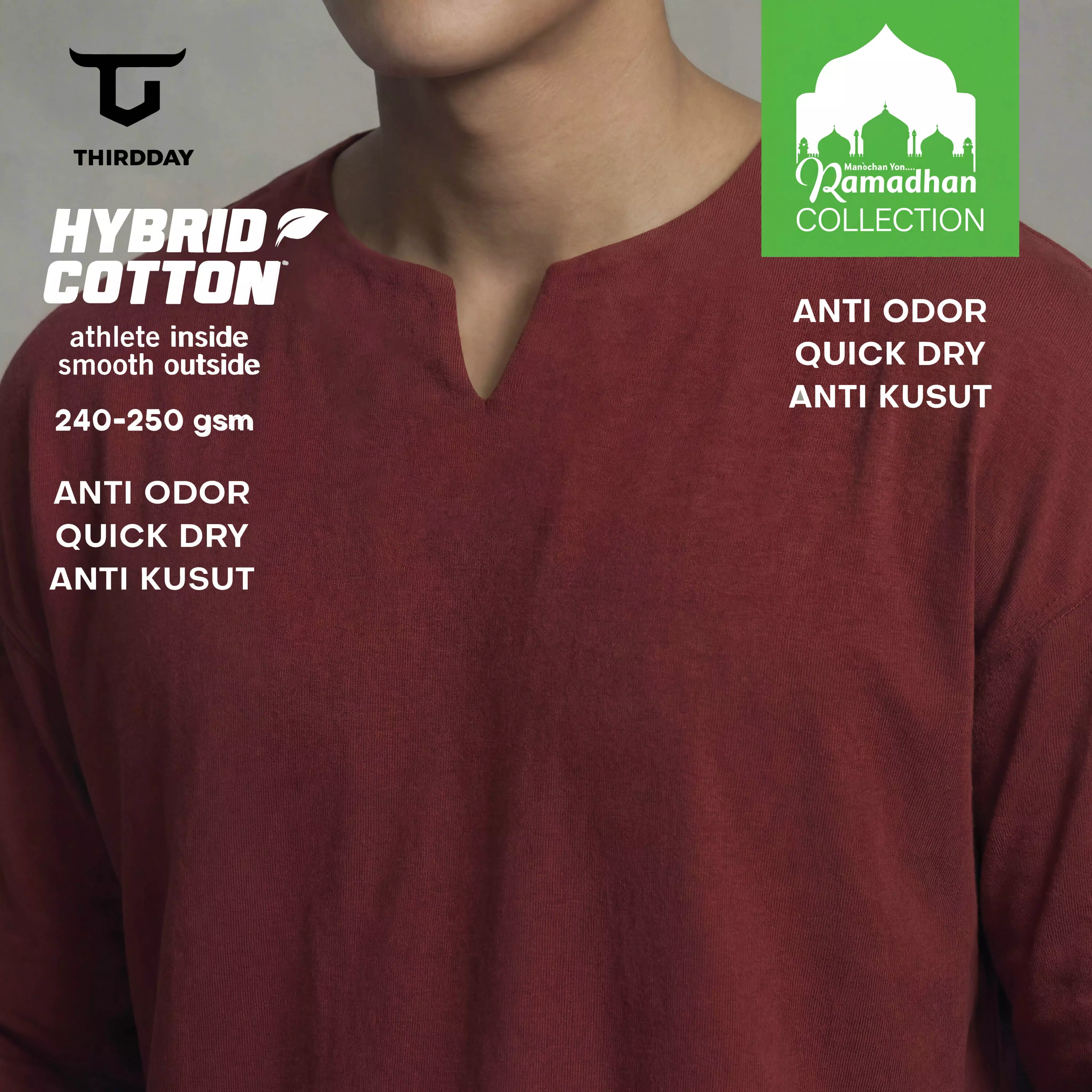 THIRDDAY Baju Koko Oversize Pria Lengan Panjang Kalcer Hybrid Cotton 240gsm merah maroon MTZ14