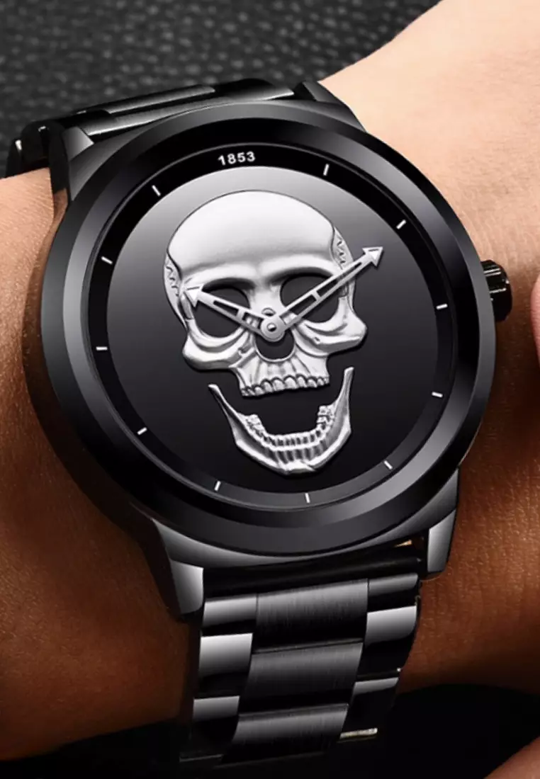 Unisex Skull IP Black Stainless Steel Quartz Watch on IP Black Steel Bracelet