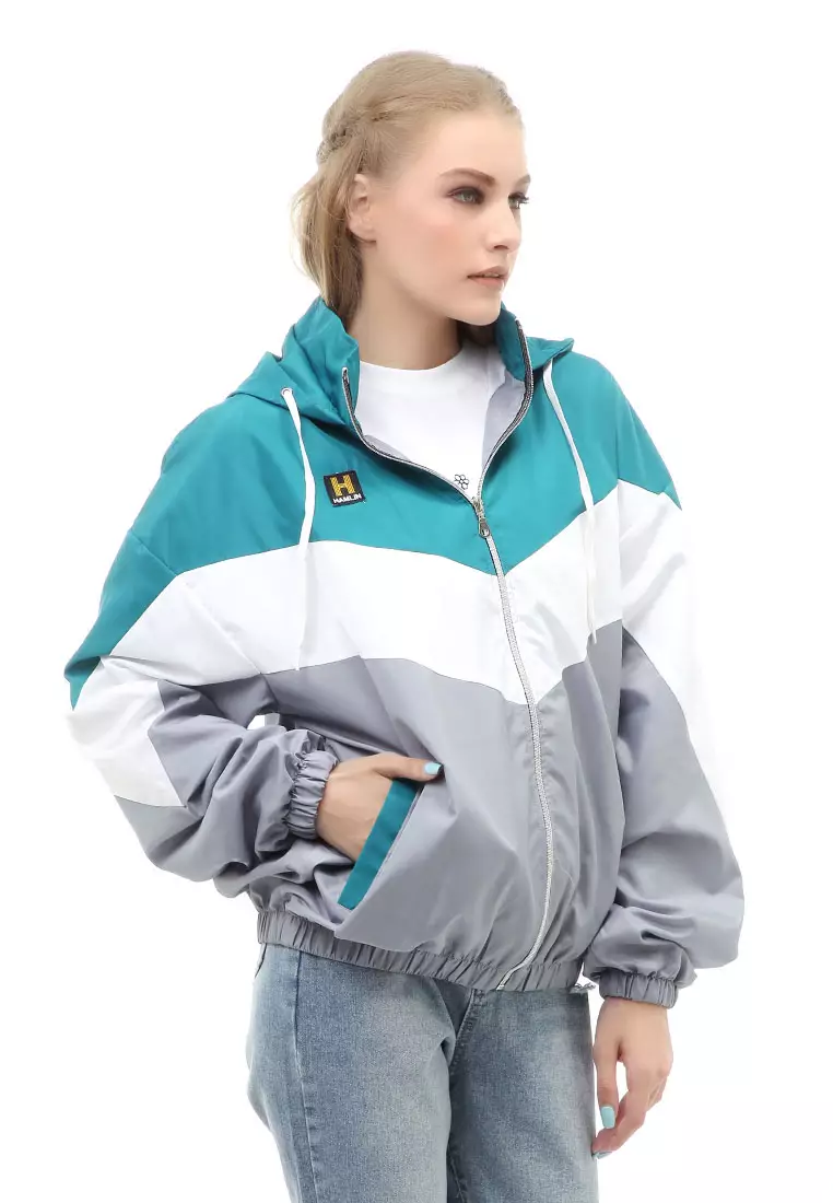 Hardwin Jacket Outer Wanita Hoodie Kombinasi 3 Warna Material Parasut Despo ORIGINAL - Tosca White Gray