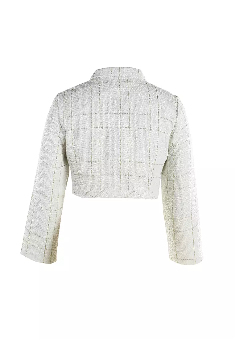 Jaket Kancing Tenun dengan Saku Lipat Warna Putih