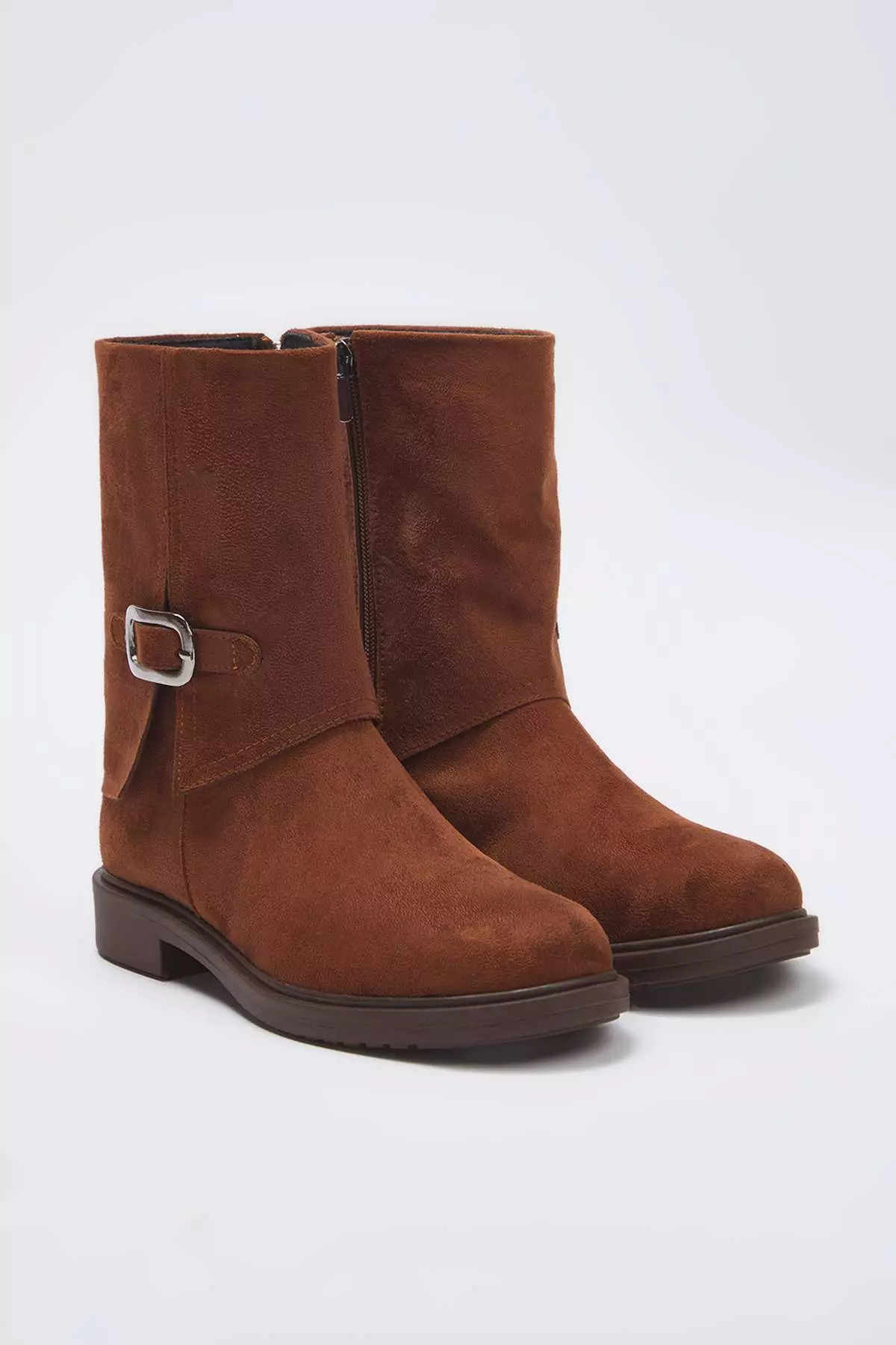 Dark Brown Buckle Detailed Suede Women'S 3 Cm Sole Boots Takaw26Bo00071