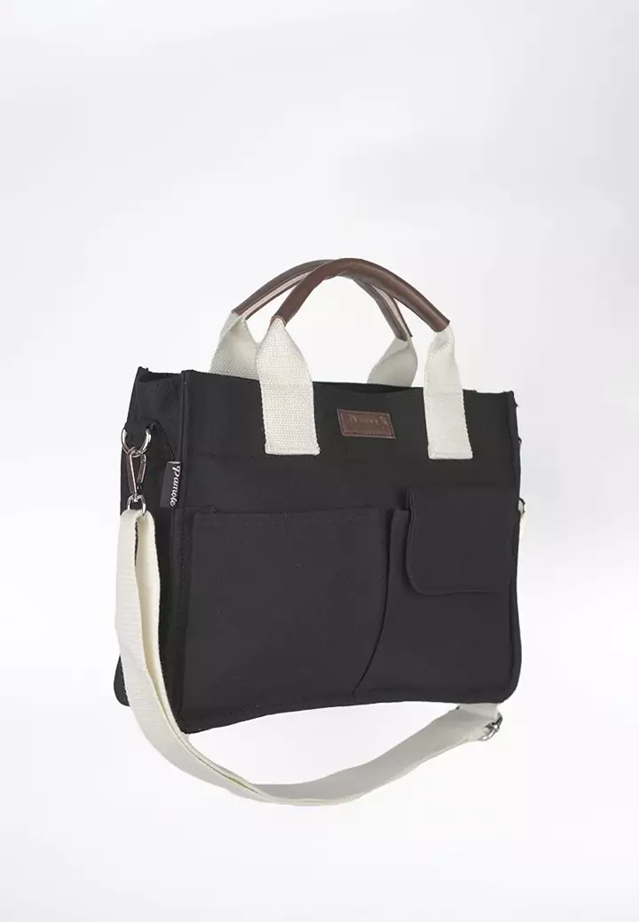 Tas Selempang Wanita Sling Bag Bahan Kanvas Penutup Resleting Veronna Series - Hitam