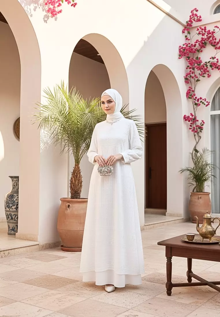 Gamis Muslimah Putih Elegan Model Long Dress Premium – Baju Lebaran Wanita Terbaru Nyaman, Anggun & Mewah Dipakai By Brilliant Girl Warna PUTIH