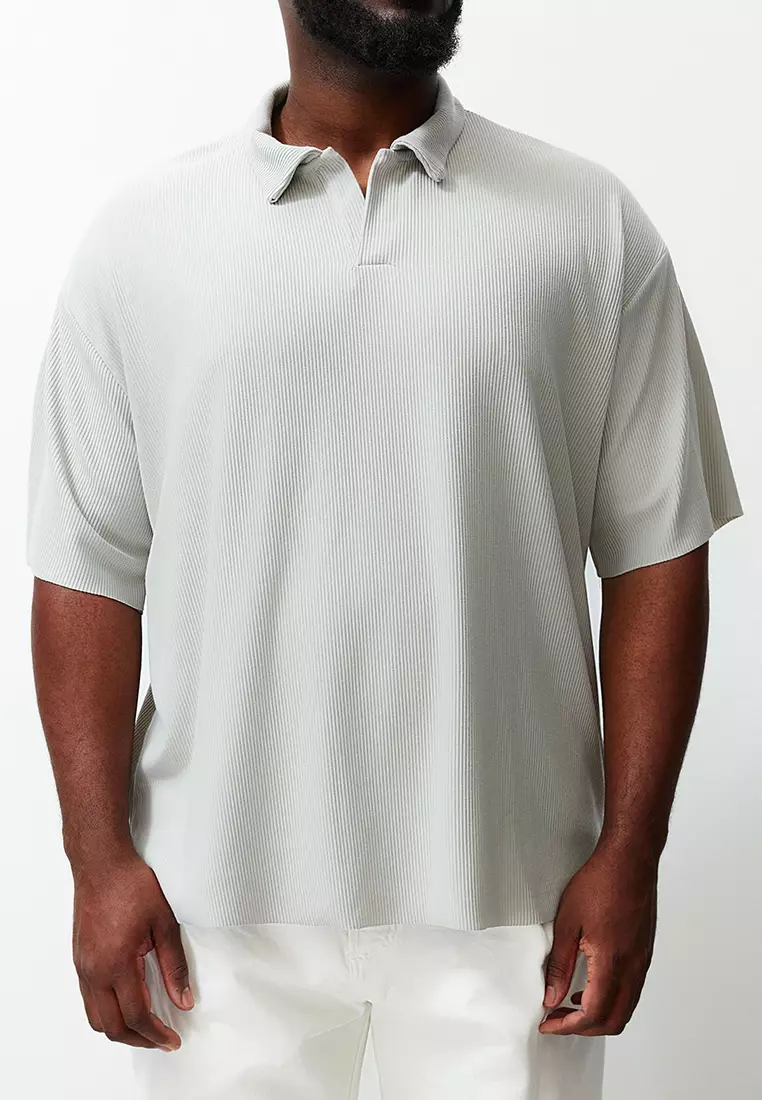 Premium Plus Size Stone Oversize Textured Ottoman Polo Neck T-Shirt TMNSS24BF00047