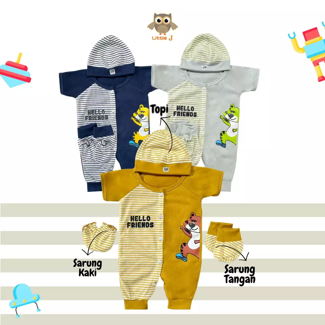 Little J- (1938) Romper bayi 4in1 motif singa set lengkap topi sarung,tangan & kaki dan bahannya adem 