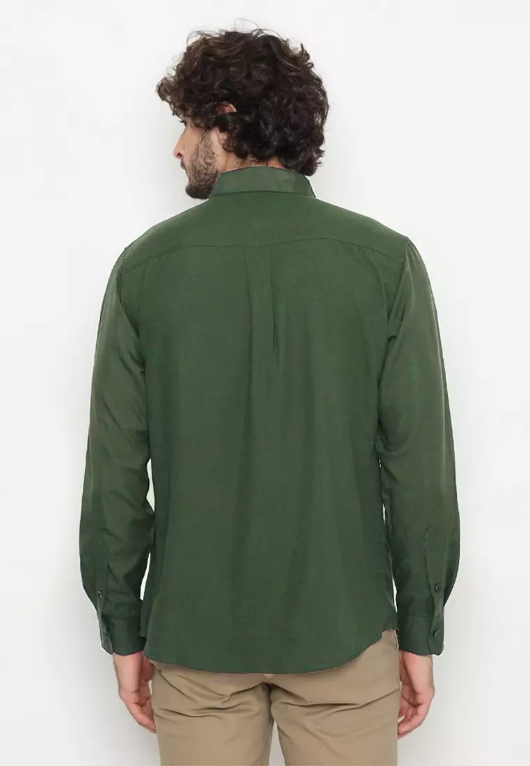 POLICE Kemeja Polos Basic Cotton Soft Olive Tua Regular Fit Lengan Panjang Pria