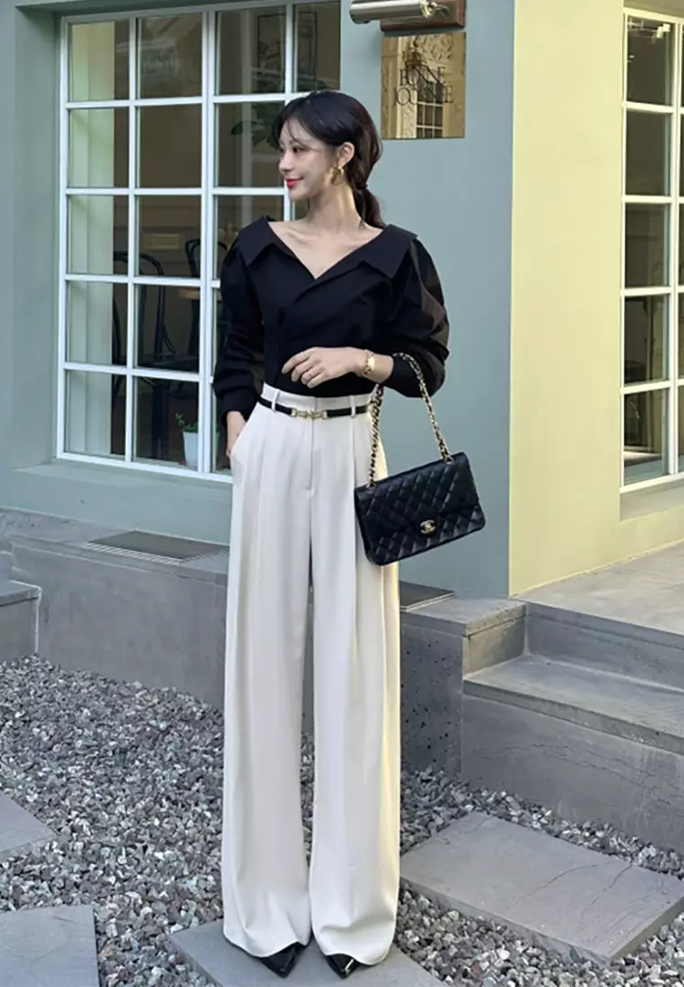 Elegant Korean style lapel and waist cinched top CA25090212BK