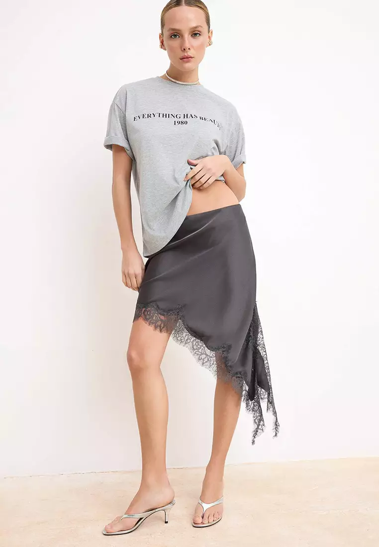 Grey Melange 1% Cotton Slogan Printed Relaxed/Wide Comfortable Cut Knitted T-Shirt Twoss19Gh34