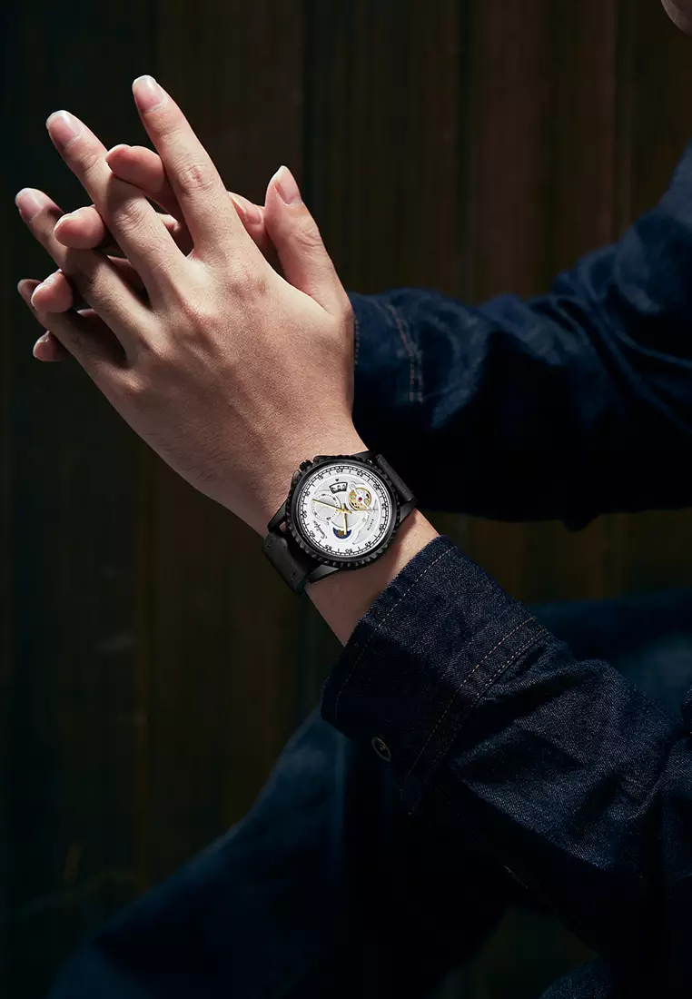 Jam Tangan Pria Quartz Tanggal Luminous Kuarsa Mode Tali Kulit Jam Tangan Cowok 9114 blackwhite