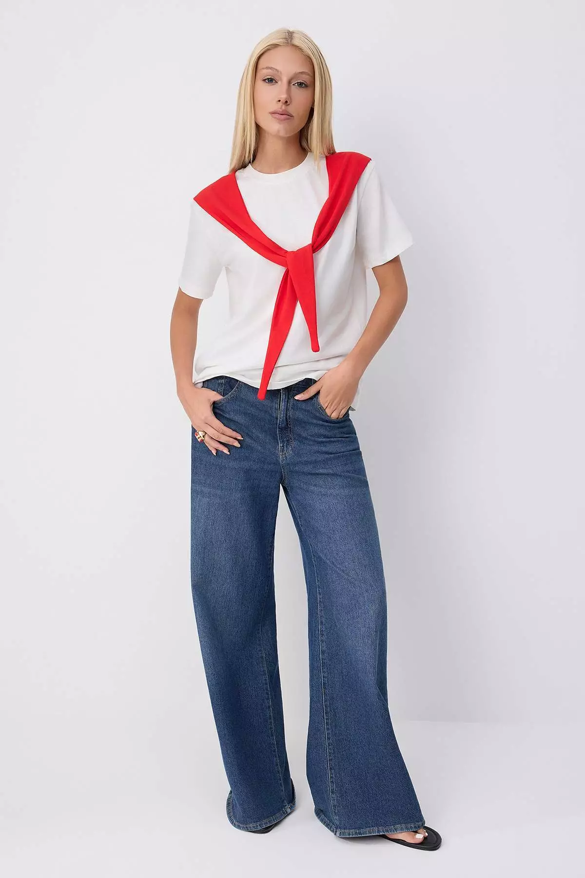 Ecru Plain Oversize Crew Neck T-Shirt With Tie Detail Long Soft Knitted T-Shirt