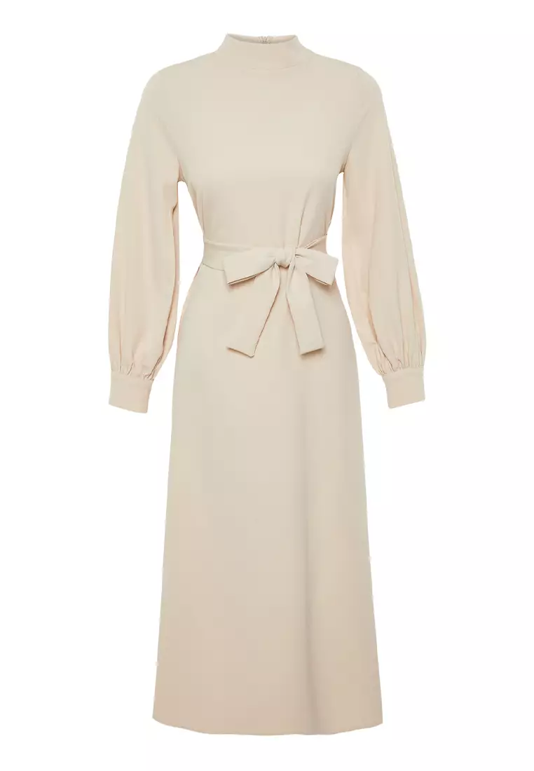 Stand Collar Belt Detailed Dress