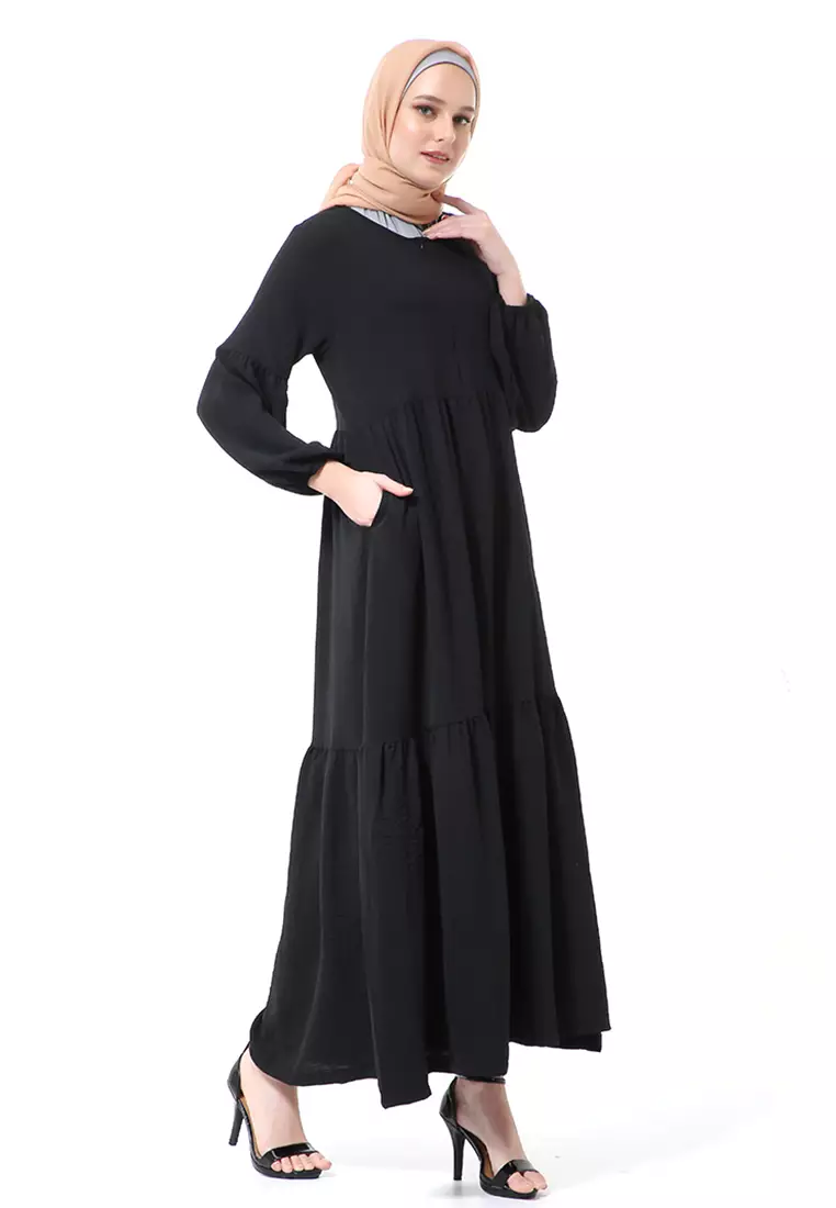 Tika Dress Wanita Gamis Muslimah Rubber Hands High Quality Premium - Black