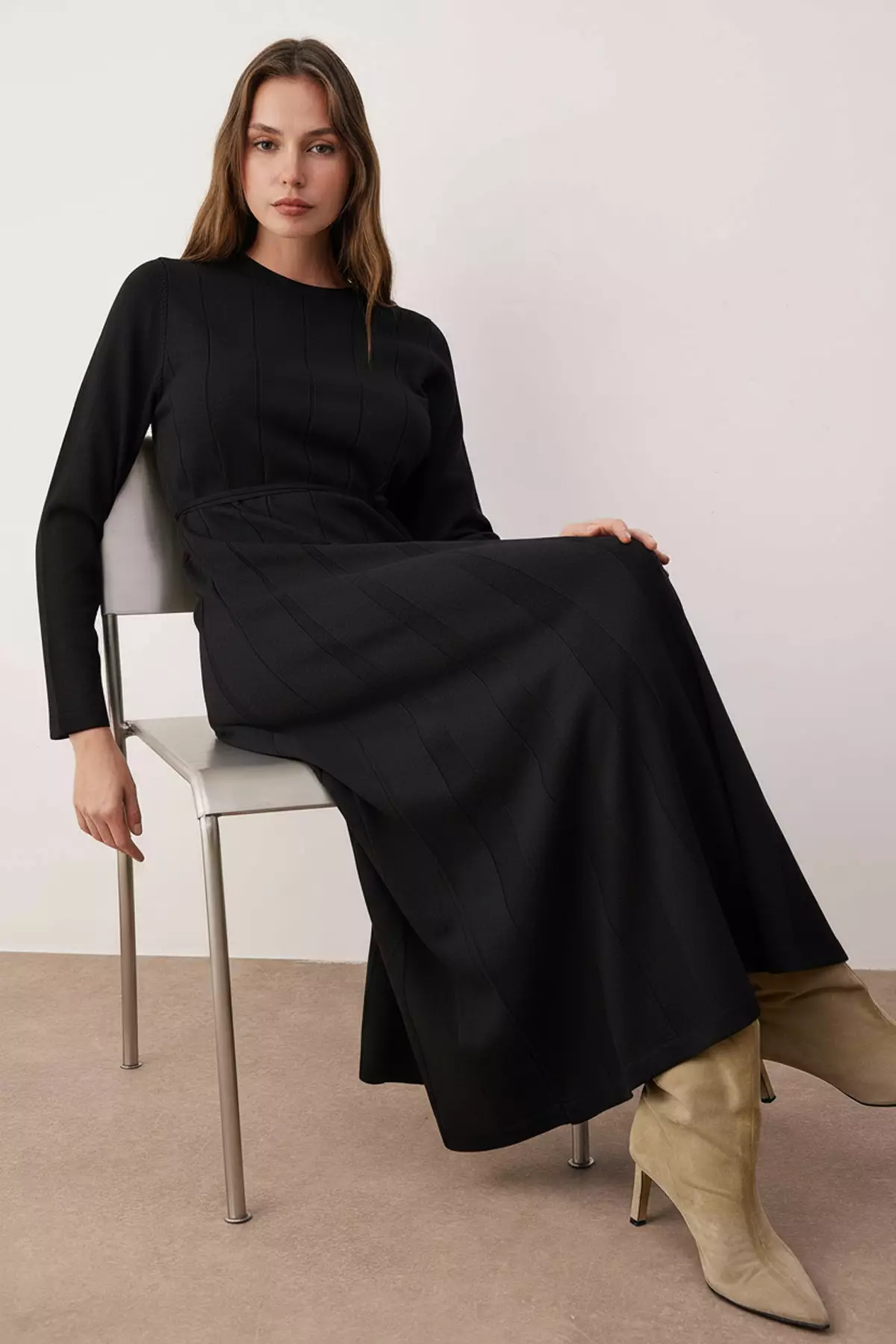 Black Unlined Plain Knitwear Rib/Camisole Hijab Dress Tctaw26Eb00010