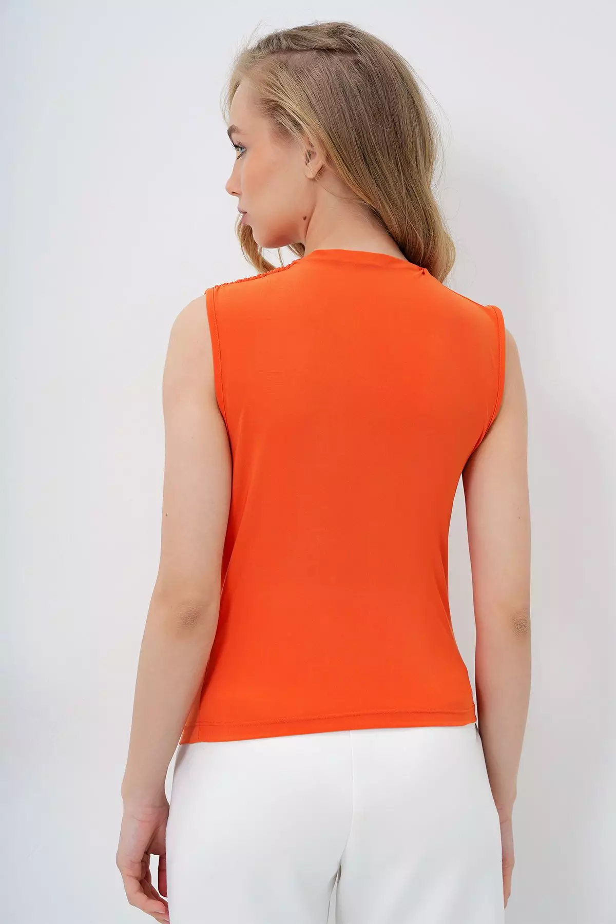 Women's Orange Stand Collar Shoulder Draped Sleeveless Sandy Blouse