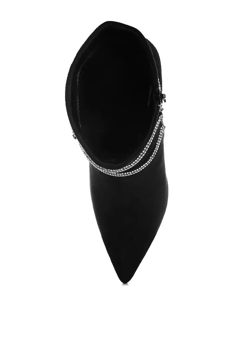 Rhinestone Wrap-Around Stiletto Boots in Black