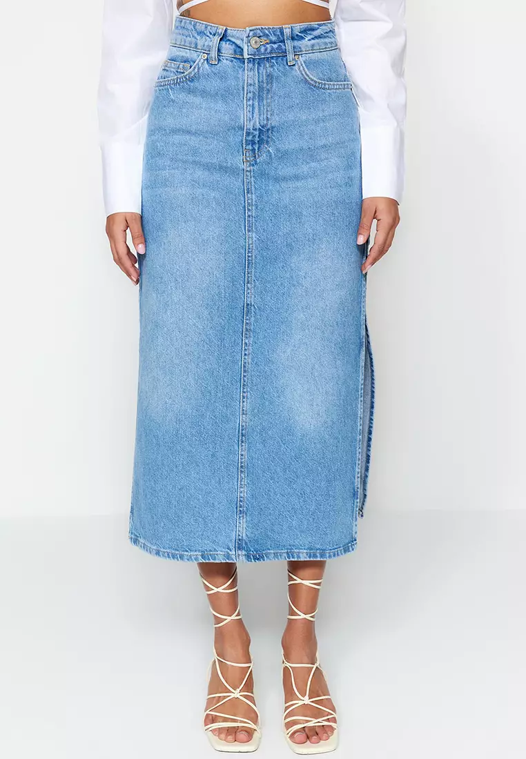 Buy Trendyol High Waist Maxi Denim Skirt with Slit Detail 2025