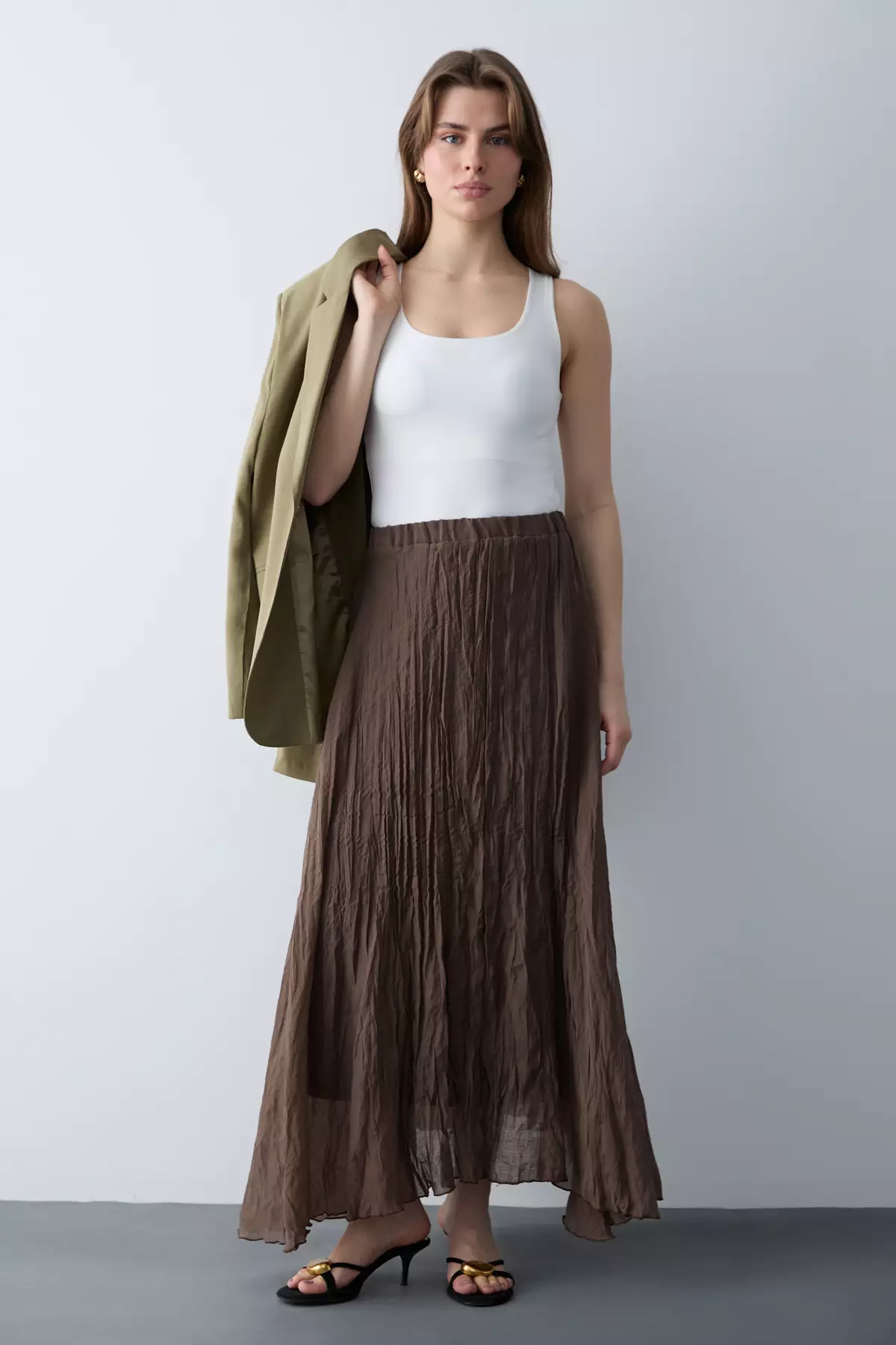 Brown Crinkled Lined Maxi Asymmetrical Skirt Twoss26Et16