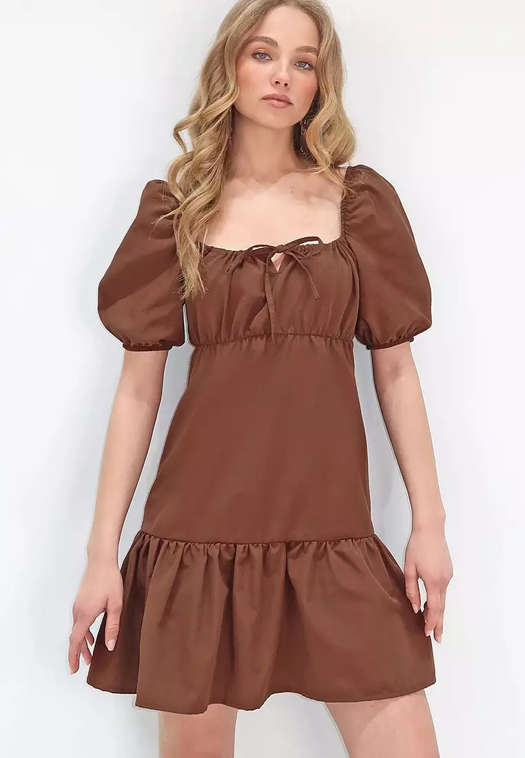 Women's Dark Brown Square Neck Balloon Sleeve Poplin Mini Dress Alc-X13594