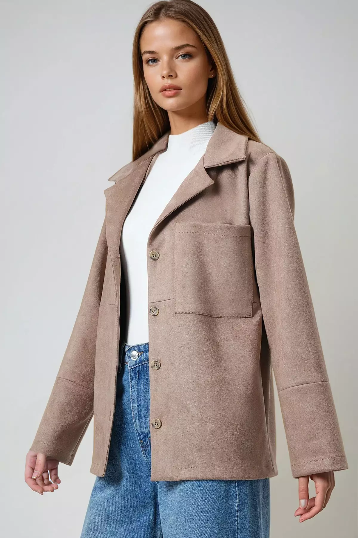 Mink Single Pocket Faux Suede Jacket With Stitching Detail Alc-X14404