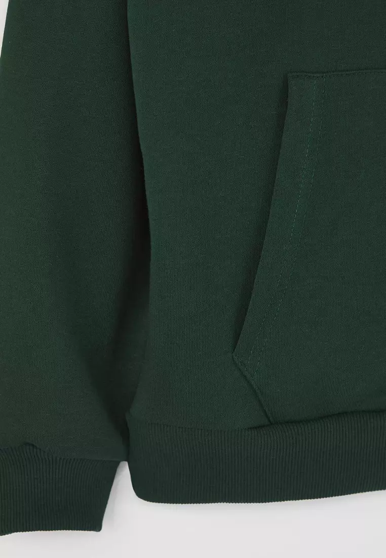 Dark Green Oversize/Wide Cut Zippered Basic Non-Raising Sweatshirt-Cardigan