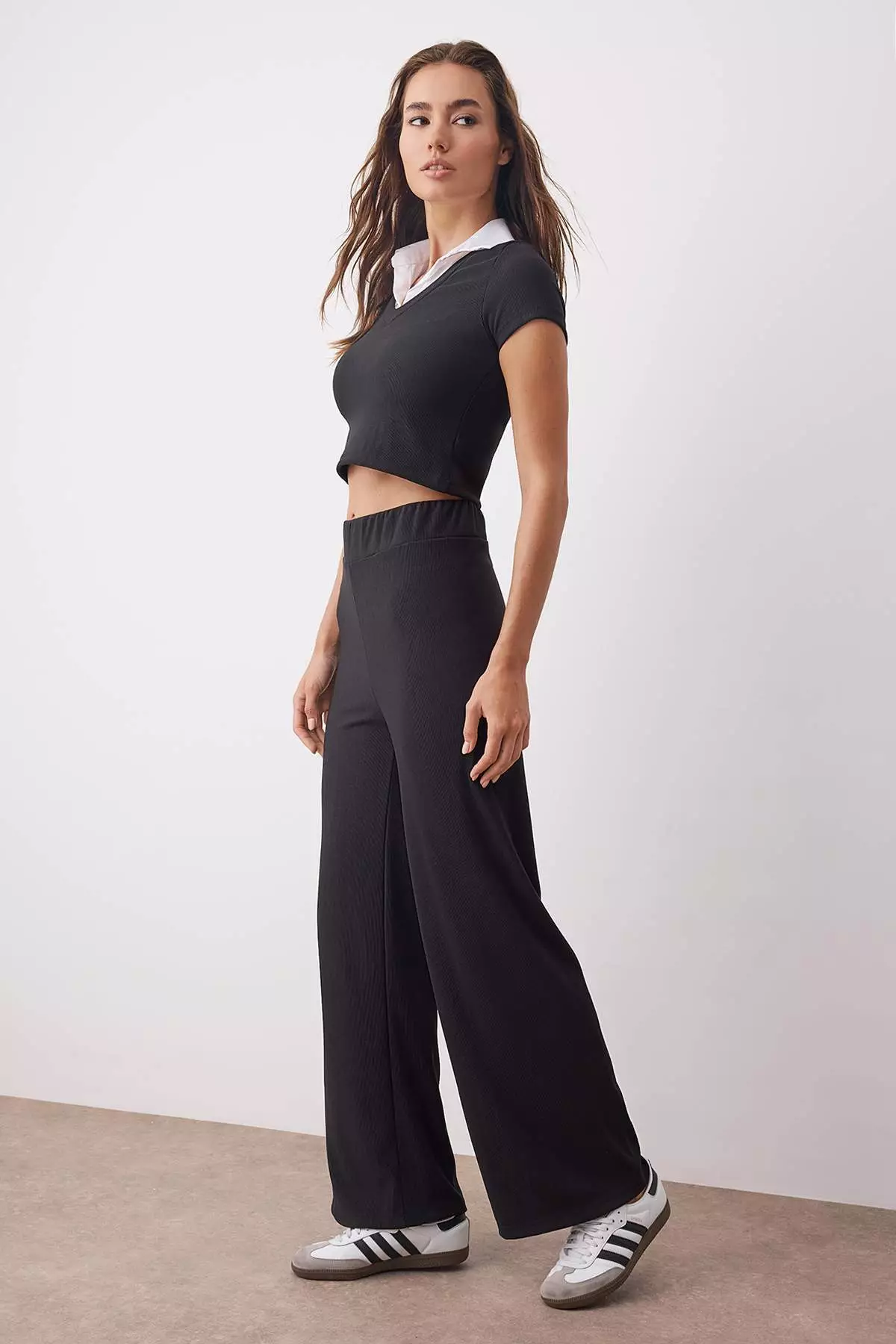 Black Polo Collar Color Block Blouse Trousers Knitted Top-Bottom Set