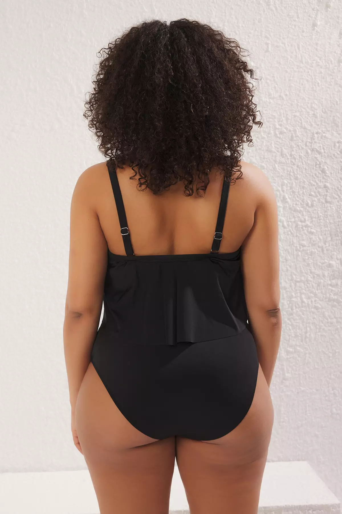 Black Ruffle Detail Round Neck Strap Plus Size Swimsuit