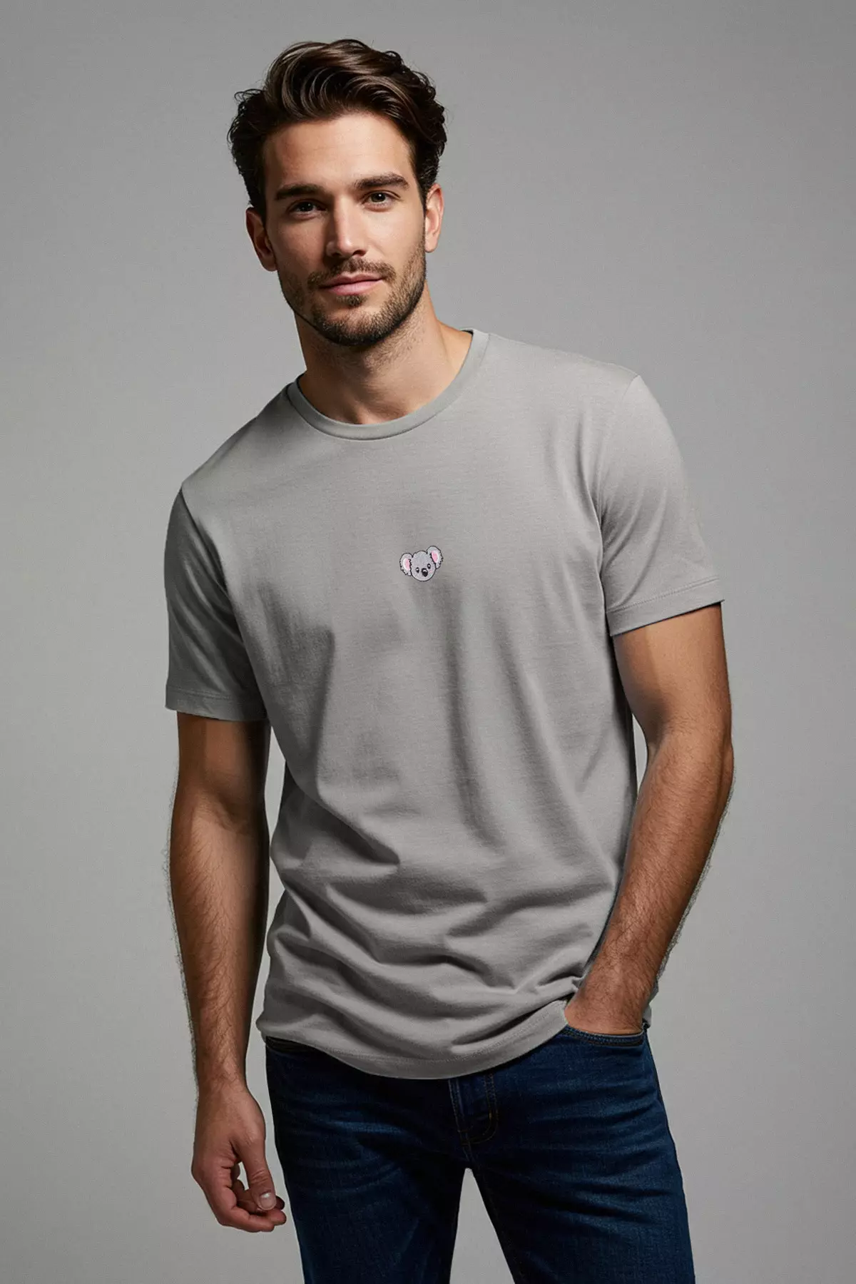 Gray Oversize Koala Embroidered 100% Cotton T-Shirt Tmnss23Ts00243