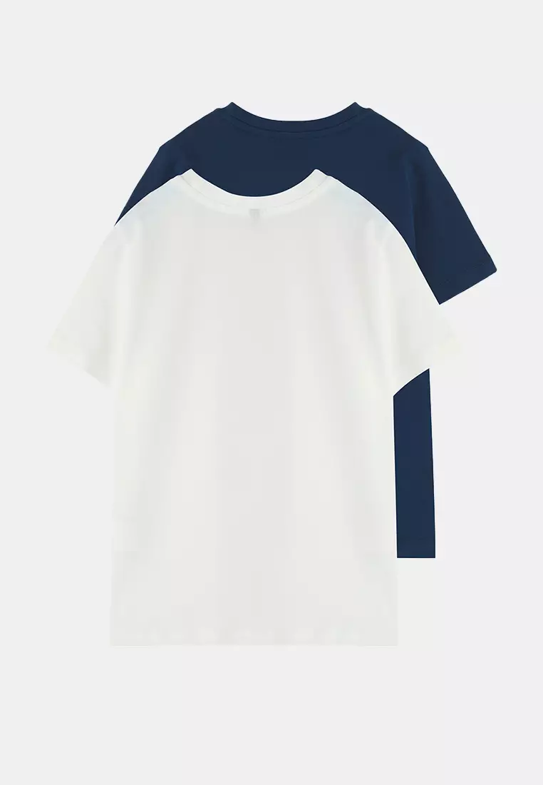 Navy Blue-Ecru 2-Piece Unisex Cotton Basic Regular Fit Short Sleeve T-Shirt