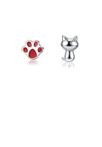 Glamorousky silver 925 Sterling Silver Simple and Cute Cat Paw Asymmetrical Stud Earrings 22B70ACDDA5CD4GS_1