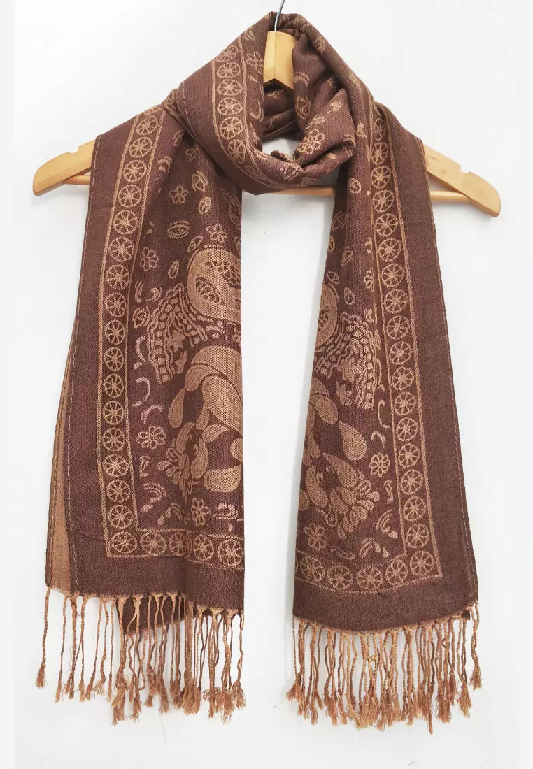 Reversible Viscose Paisley Pattern Skull Pashmina Shawl Syal Wanita Golden Brown