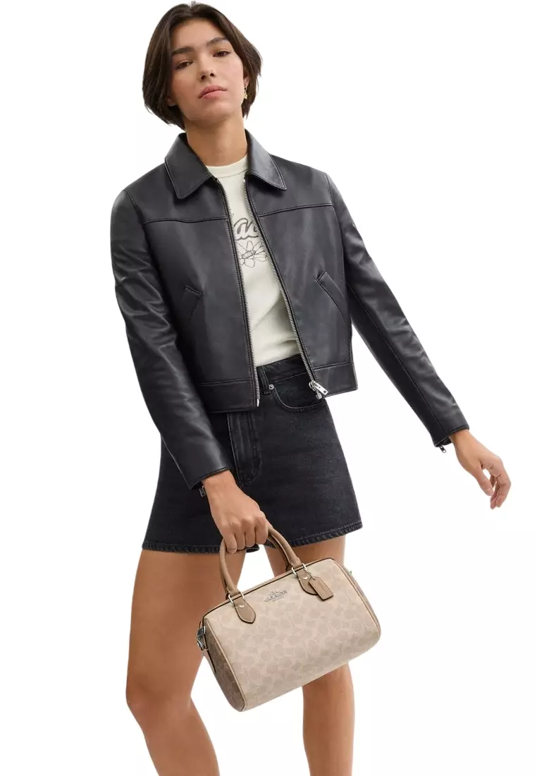 Rowan Satchel Bag In Blocked Signature Canvas - Sand Taupe