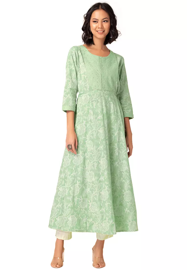 Buy Indya Light Green Floral Jaal Print Cotton Dress Online | ZALORA  Malaysia