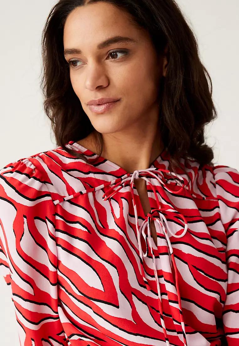 Zebra Print Tie Neck Midaxi Waisted Dress