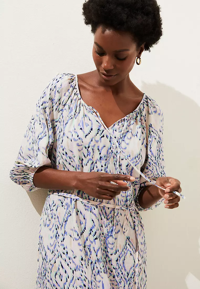 Linen Blend Printed Tie Neck Midi Dress