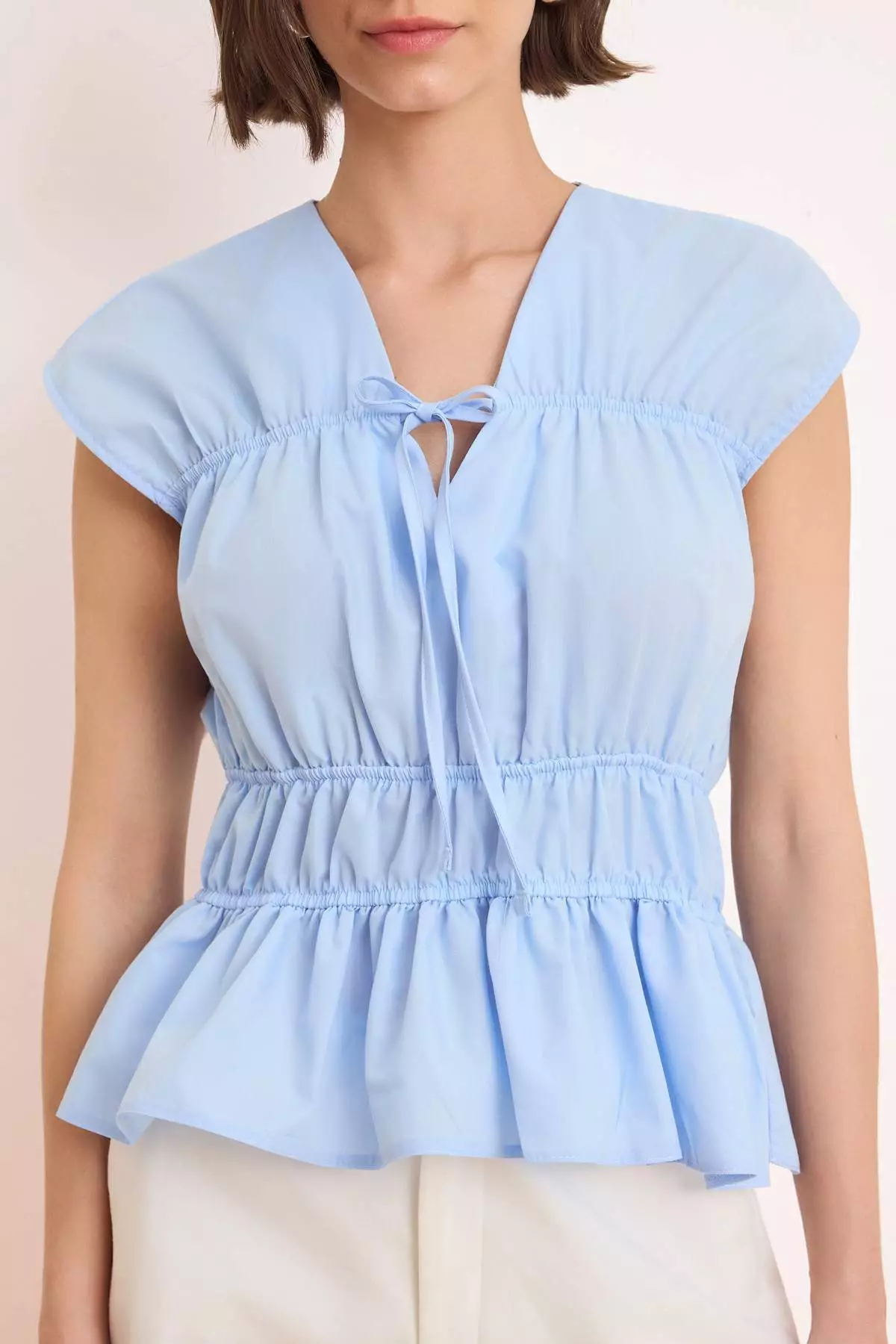 Light Blue Ruched Detail Woven Blouse Twoss26Bz42