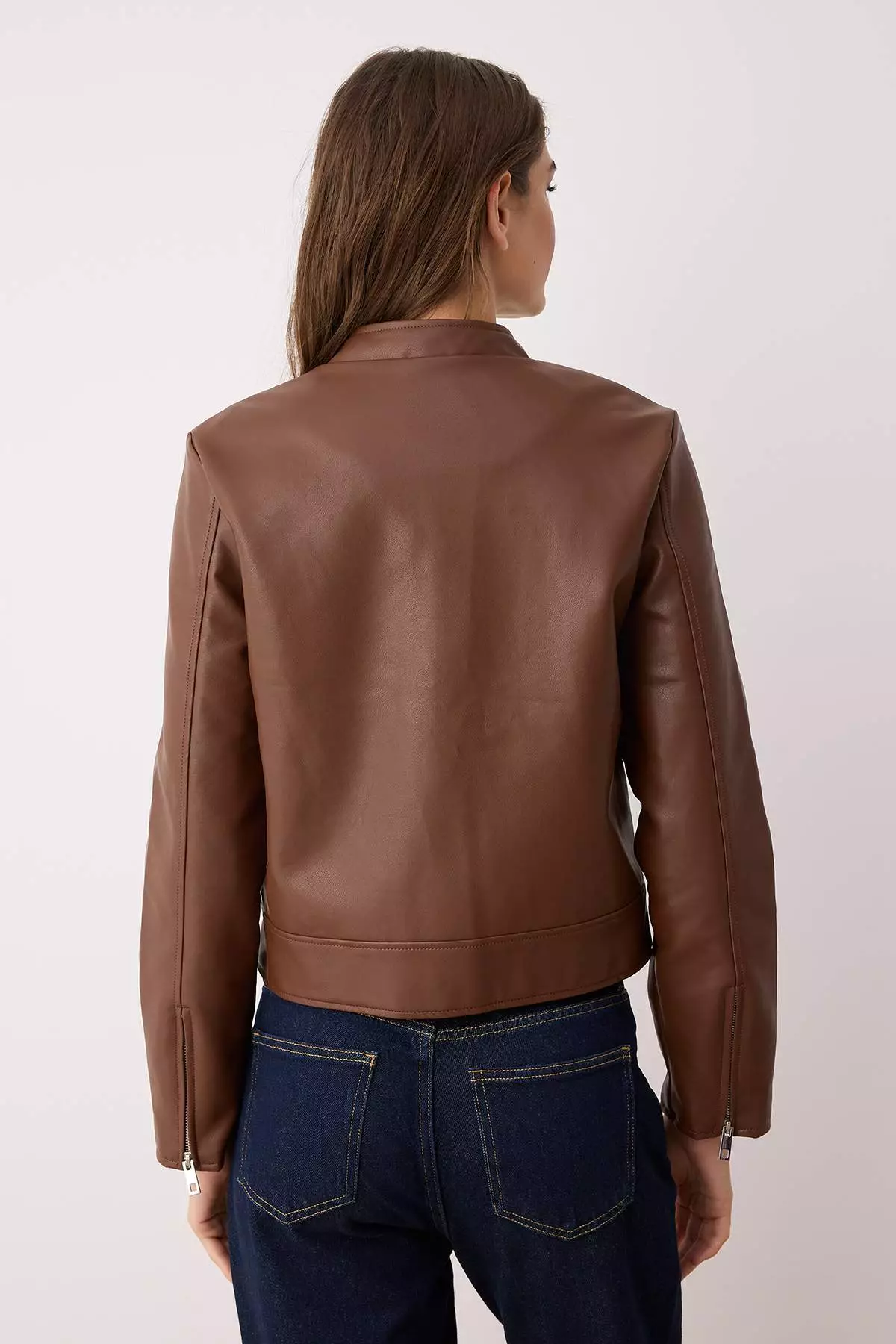 Dark Brown Fitted Mold Faux Leather Biker Slim Jacket Coats