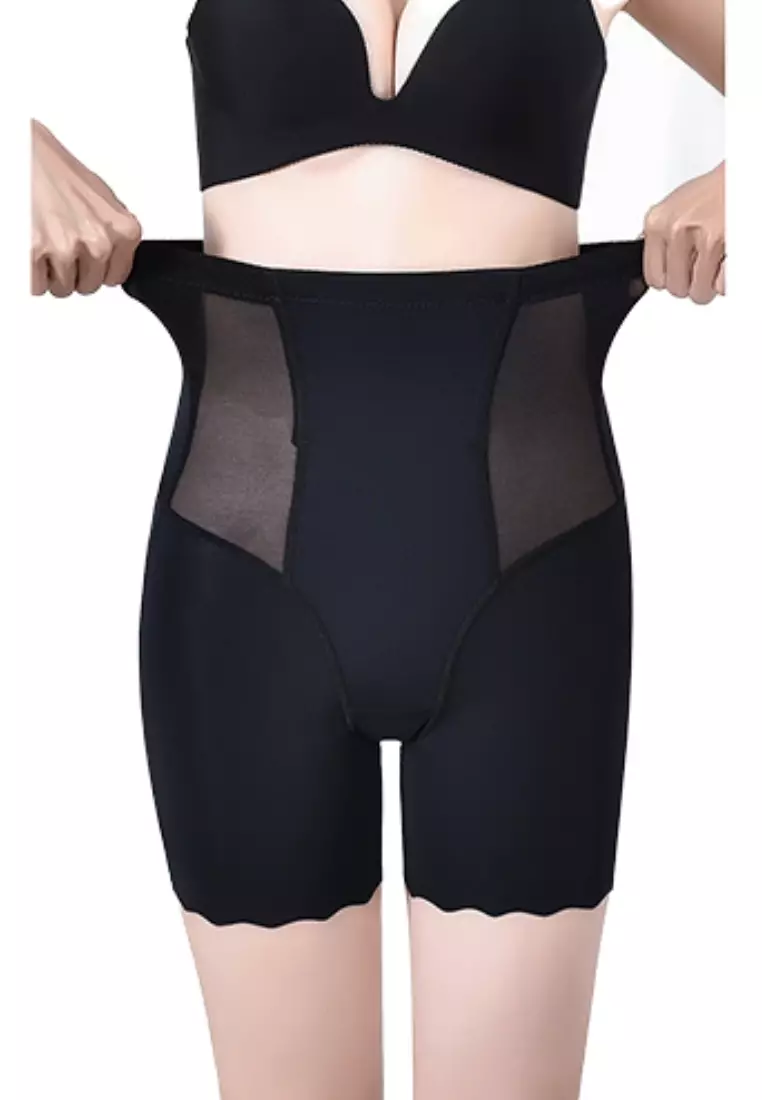 Premium Jazlyn High-Waisted Ice-Silk Contour Shaping & Lifting Girdle Shorts Scallop Hem in Black