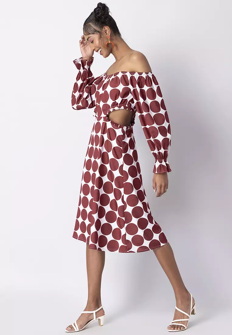 Maroon Polka Bardot Waist Cut Out Midi Dress