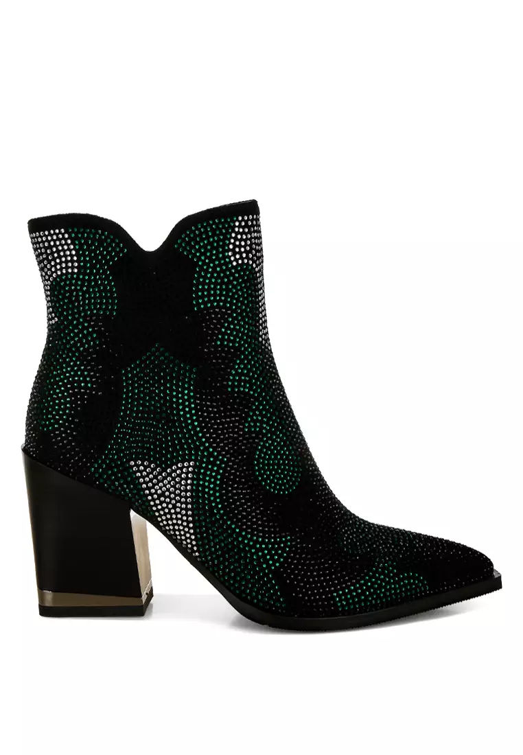 Discount on London Rag  shoes - SKU: Rhinestones Embellished Block Heel Boots in Green