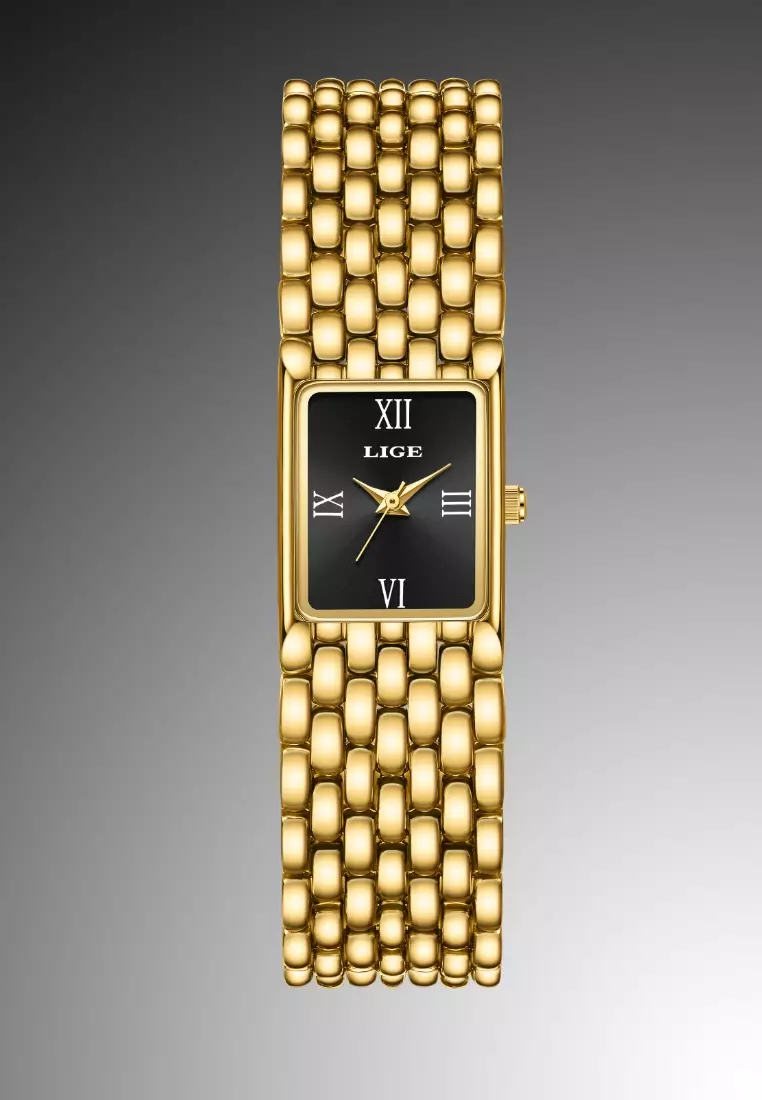 Ladies Rectangular Quartz Watch, 29X20mm, IP Gold Color Stainless Steel, Metal Bracelet