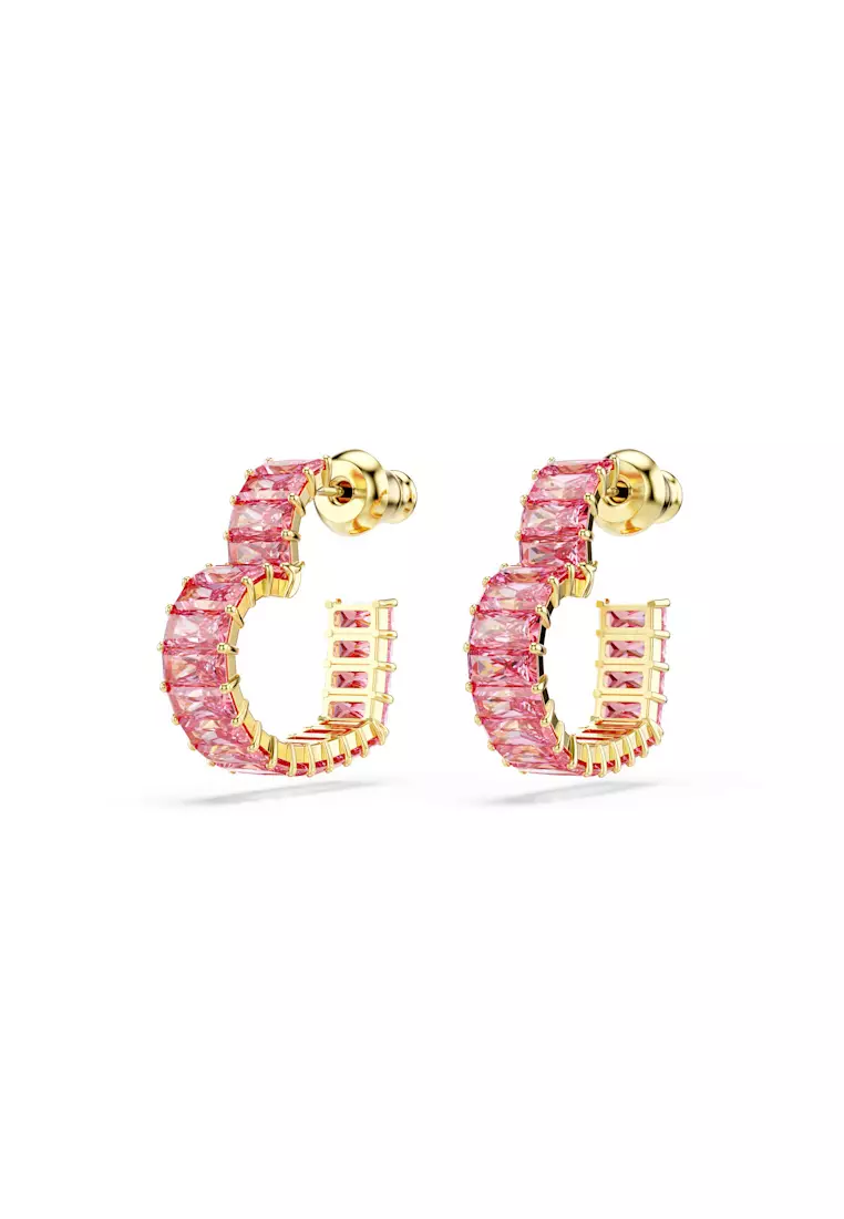 Matrix hoop earrings, Baguette cut, Heart, Small, Pink, Gold-tone plated
