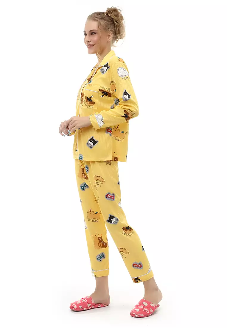 Vance Setelan Piyama Baju Tidur Wanita Lengan Panjang Motif Cat Home Material Cotton ORIGINAL - Yellow