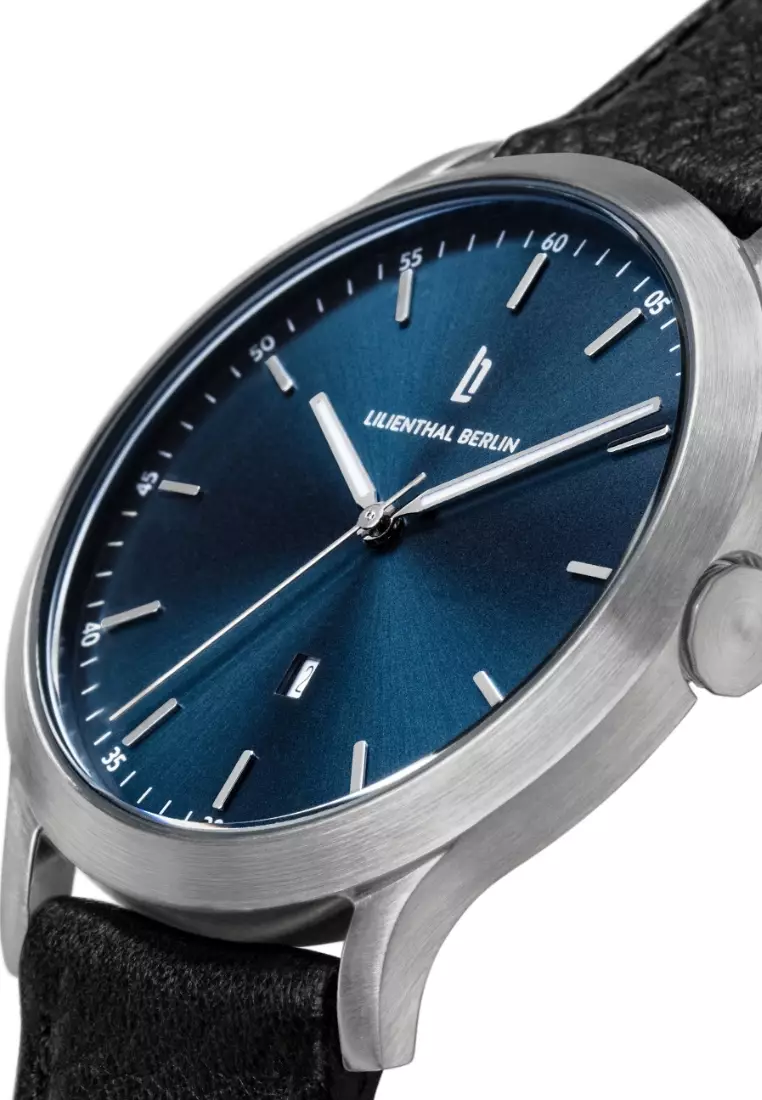 Huxley Silver Blue - Black Leather Strap