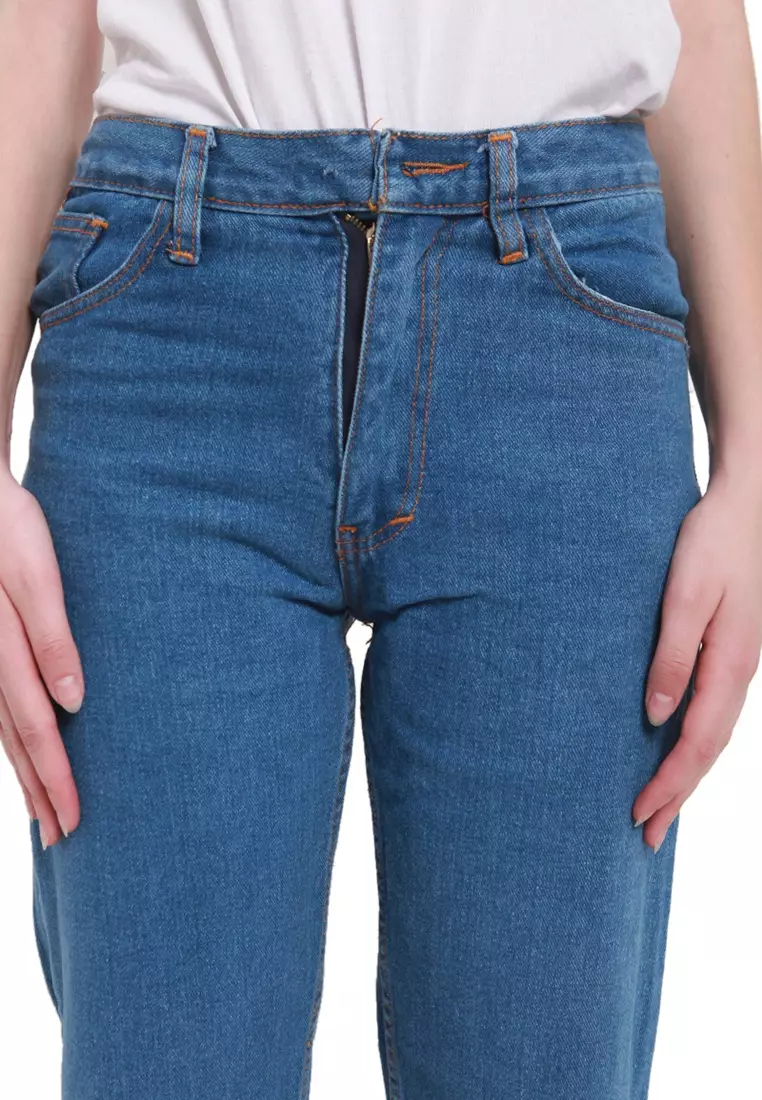 Celana Jeans Boyfriend Motif Plain Bawahan Wanita Regular Fit - Medium Blue