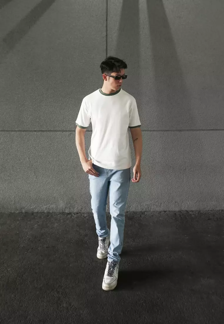 Kale Ringer White Green / Cotton Cloudy / Kaos Boxy Fit / Kaos Korea / Atasan Kaos Pria / Kaos Basic Pria