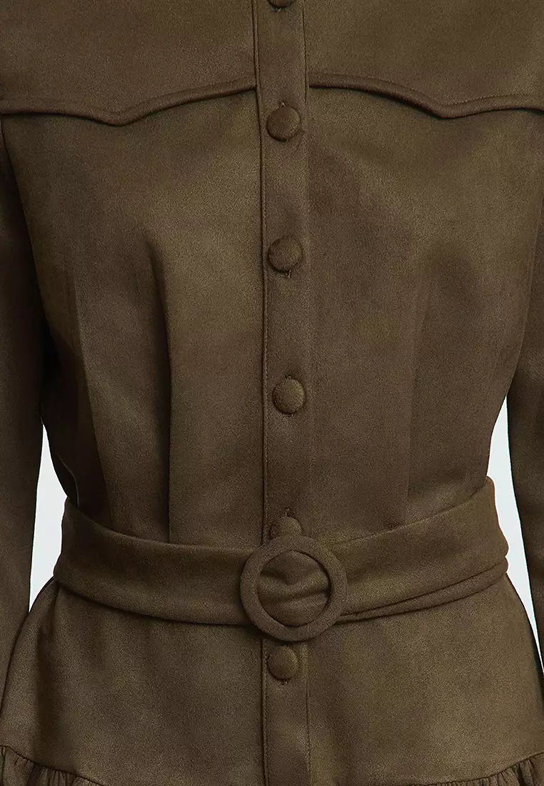 Khaki Arched Plain Short / Mini Woven Dress Twoaw25El00252
