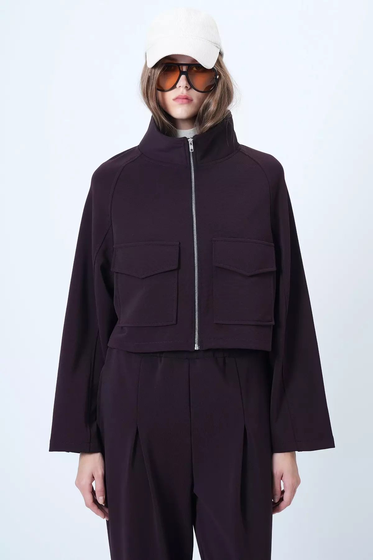 Plum Color Stand Collar Double Pocket Raglan Sleeve Jacket Alc-X14409